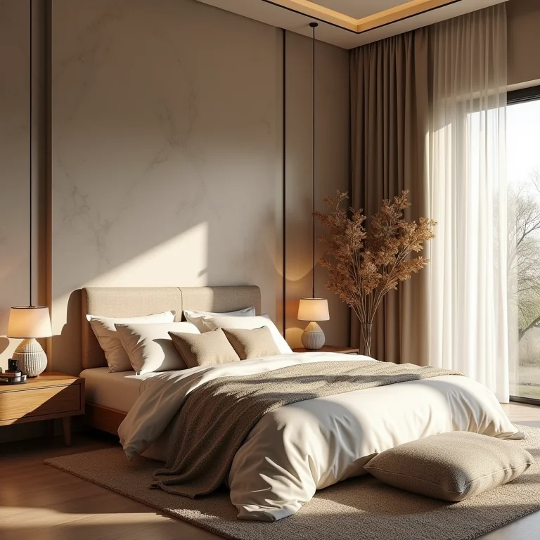 Quarto com tecidos naturais e texturizados.