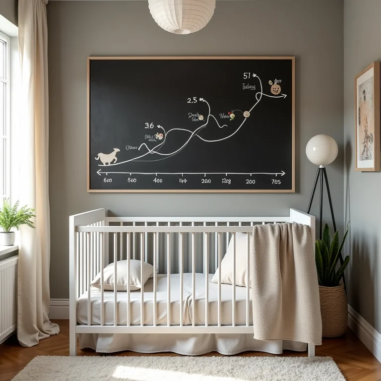 Quarto de bebê com parede lousa para acompanhar o crescimento.