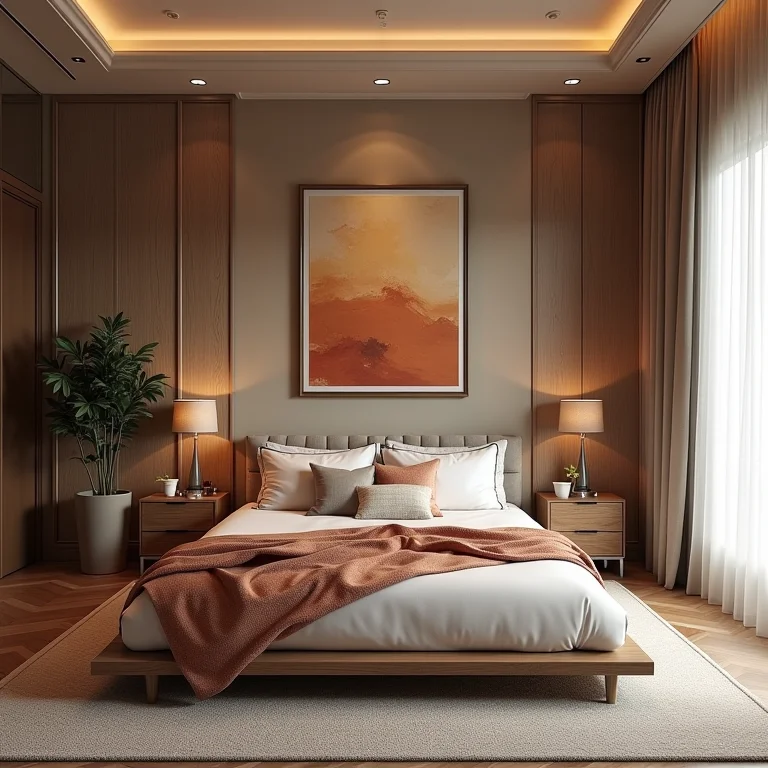 Quarto de casal com cores e texturas que não combinam, criando um ambiente visualmente confuso.