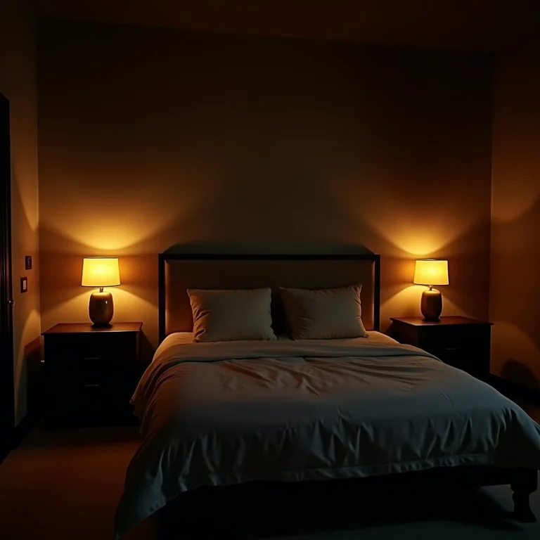 Quarto de casal com iluminação inadequada, sombras fortes e lâmpadas amareladas.