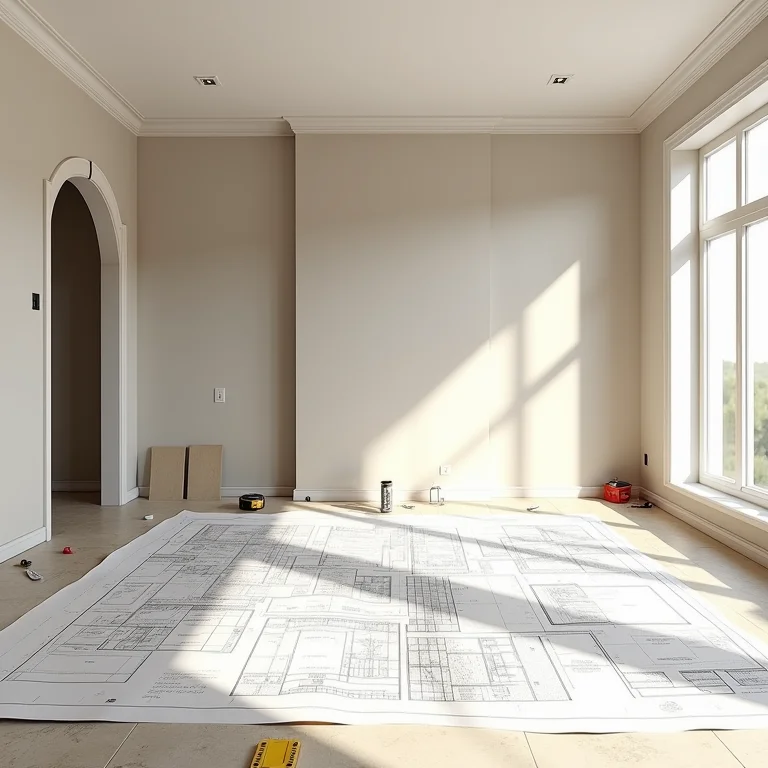 Quarto de casal em construção, com plantas no chão e ferramentas espalhadas.