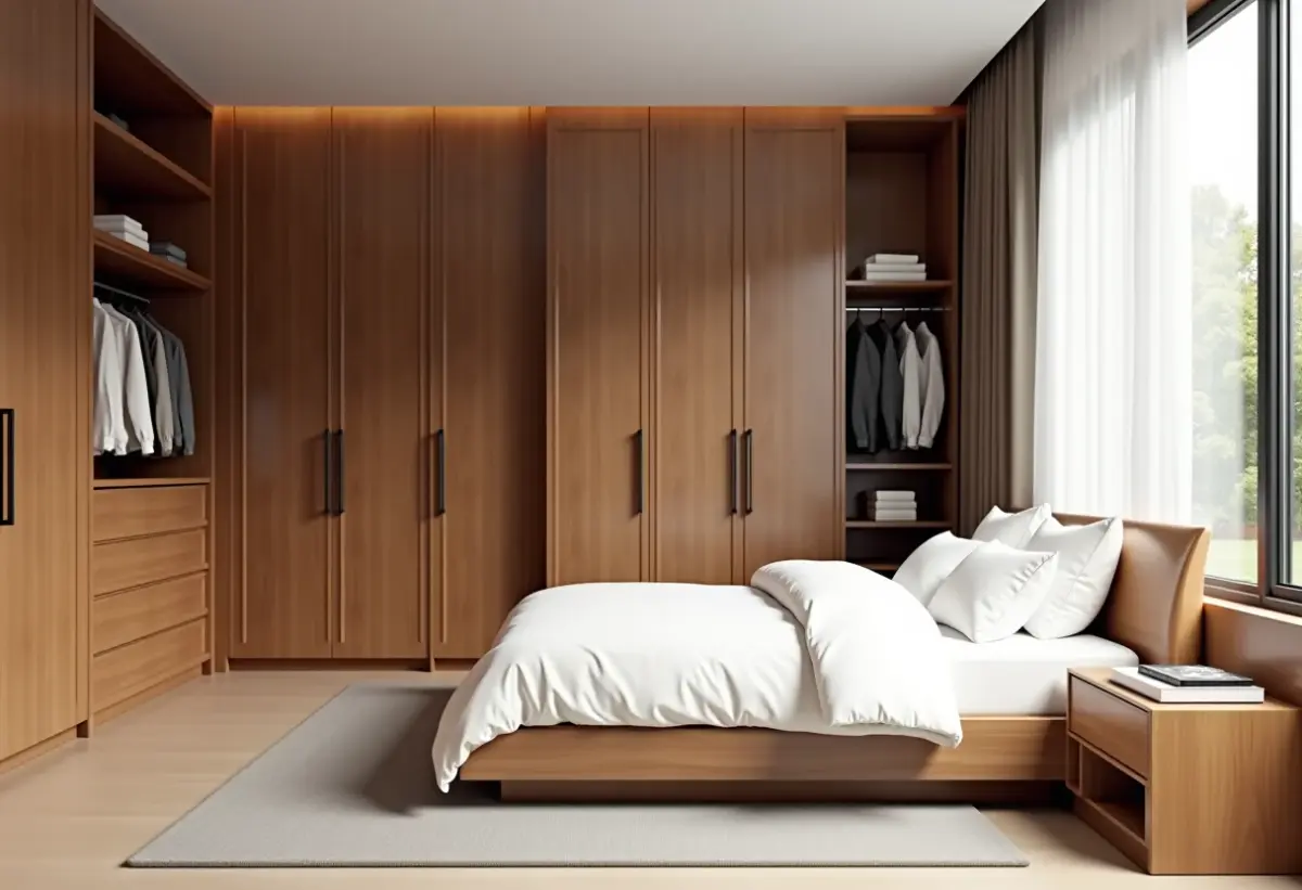 Quarto de casal planejado com armário em L de madeira e cama king size iluminada pela luz natural.