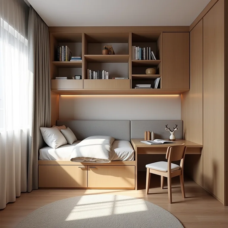 Quarto de menino com cama multifuncional e espaço de estudo