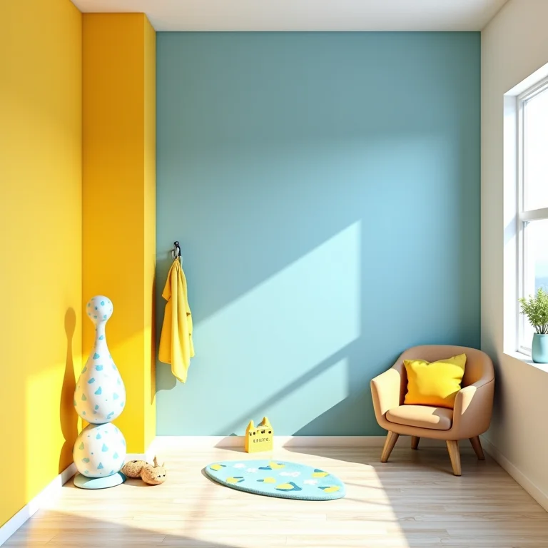 Quarto de menino com paredes em amarelo e azul vibrantes