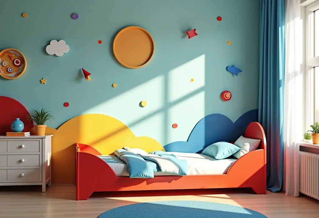 Quarto de menino decorado com tema espacial e cores vibrantes
