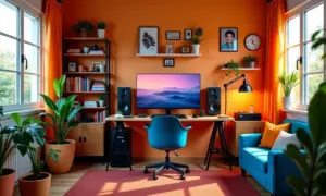 Quarto de YouTuber com decoração vibrante e cenário personalizado.
