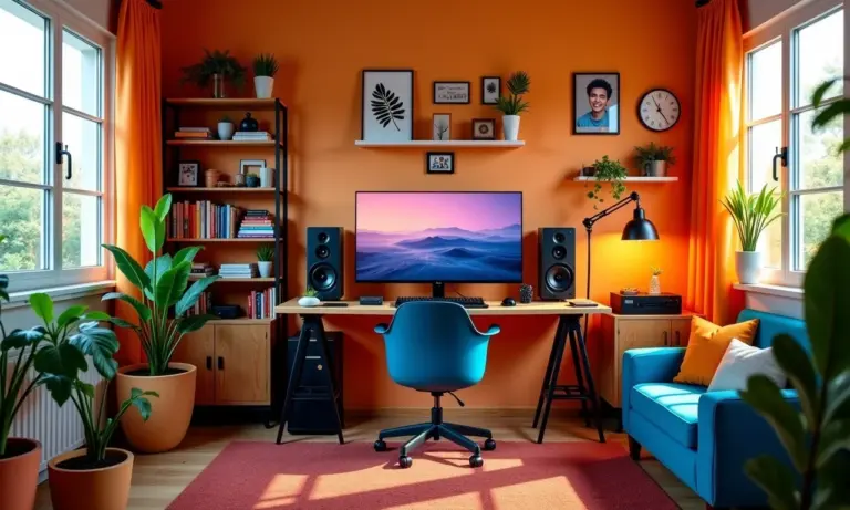 Quarto de YouTuber com decoração vibrante e cenário personalizado.