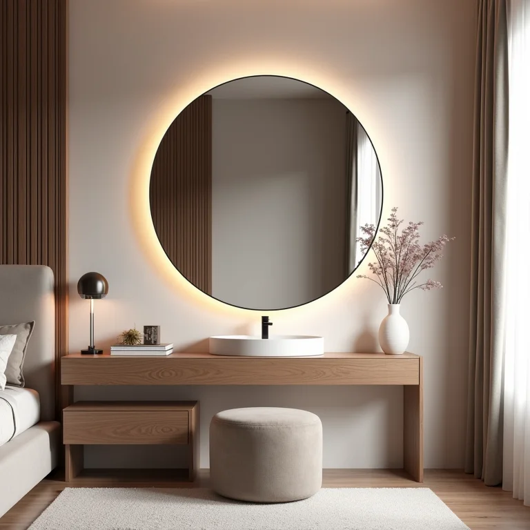 Quarto elegante com penteadeira e espelho redondo