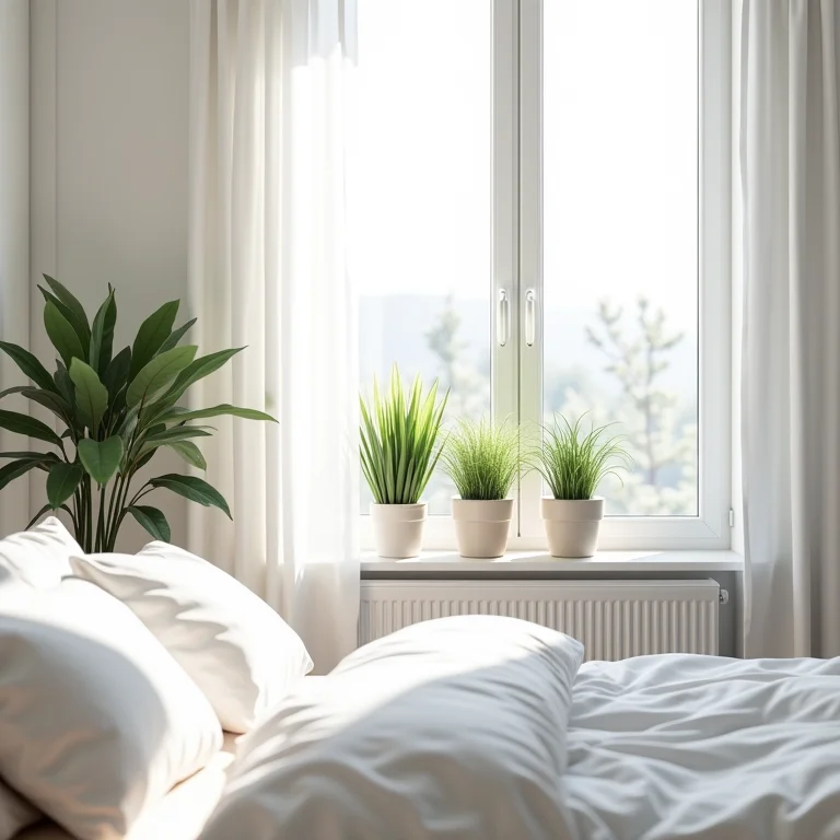 Quarto escandinavo com plantas na janela e roupa de cama branca.