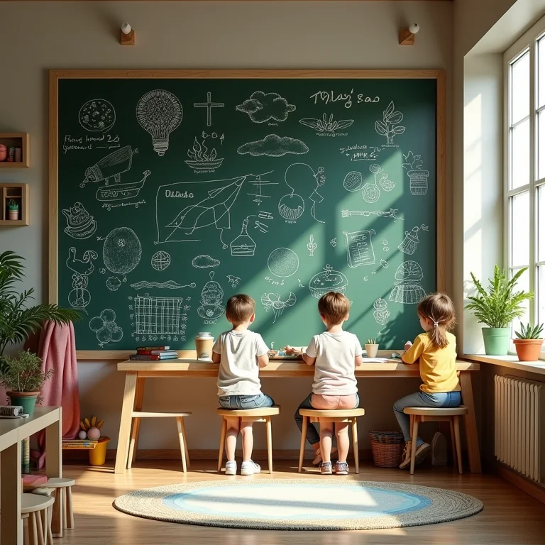 Quarto infantil com parede lousa para aprendizado e diversão.