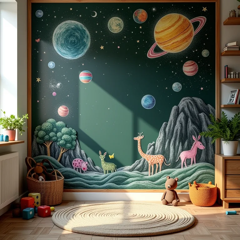 Quarto infantil com parede lousa repleta de desenhos coloridos de animais e planetas.