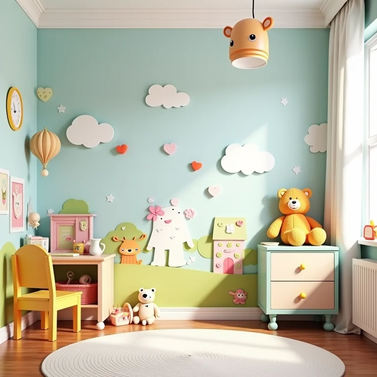Quarto infantil divertido com papel de parede 3D de personagens.