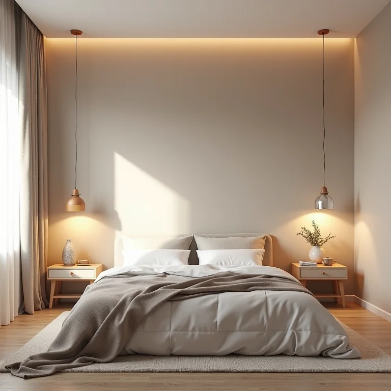 Quarto moderno com cama confortável e decoração minimalista