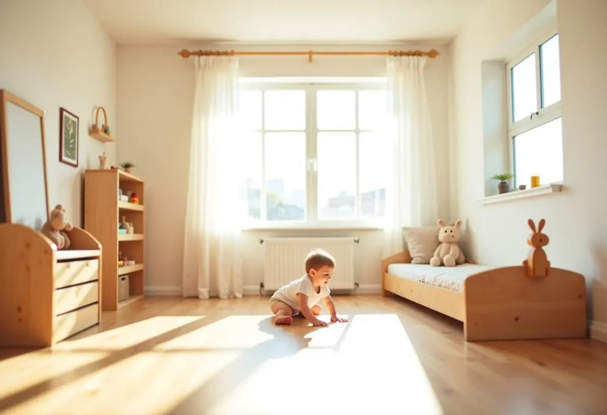 Quarto Montessoriano: 7 erros que você não pode cometer Quarto montessoriano arejado com luz natural e criança brincando