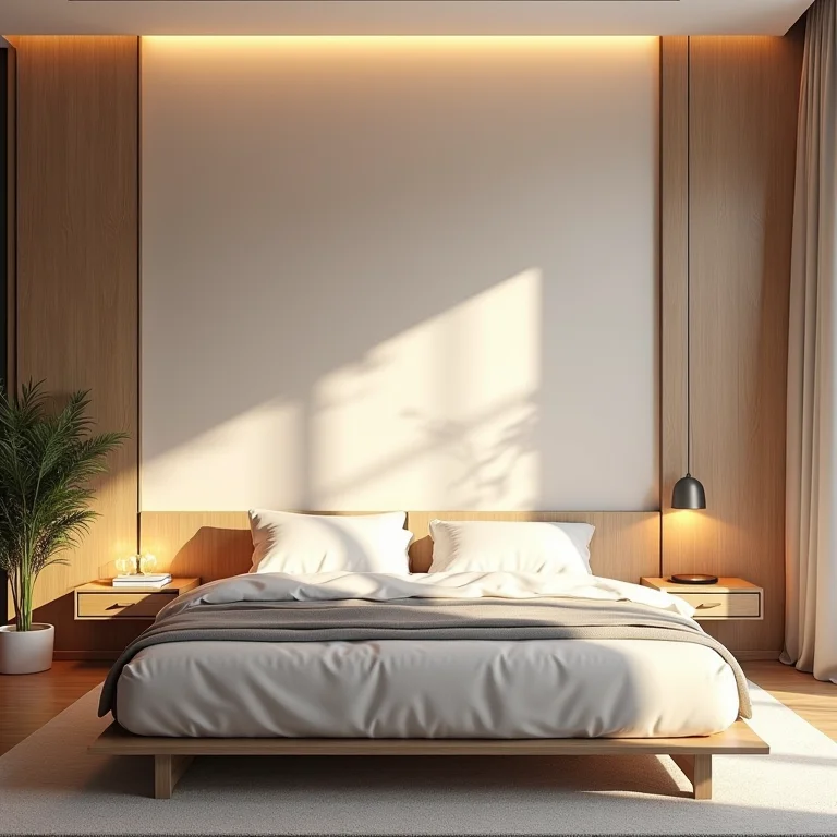 Quarto relaxante com papel de parede 3D.