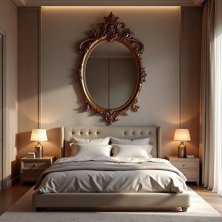 Quarto romântico com espelho veneziano.
