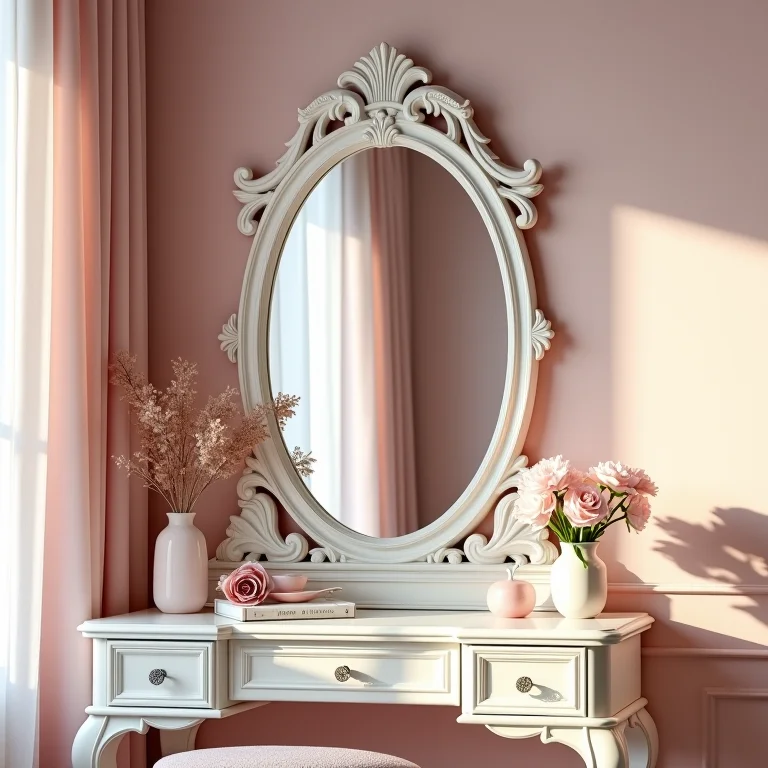 Quarto romântico com penteadeira e espelho veneziano