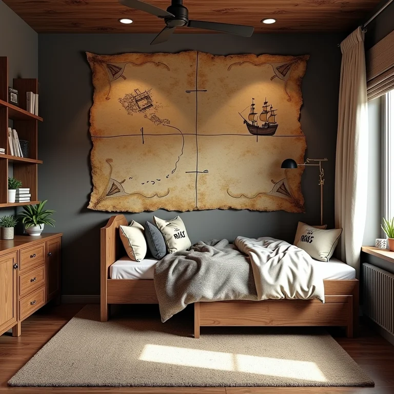 Quarto temático de pirata para menino com mapa do tesouro na parede