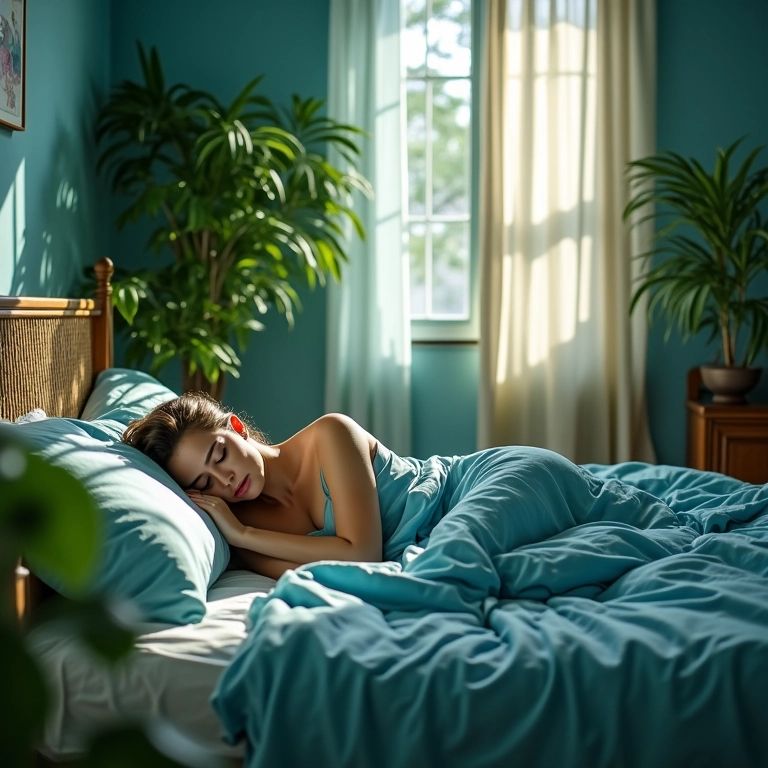 Quarto tranquilo com tons de azul e verde, mulher dormindo serenamente e iluminação natural.