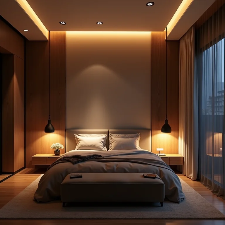 Quarto versátil com múltiplas camadas de iluminação indireta.