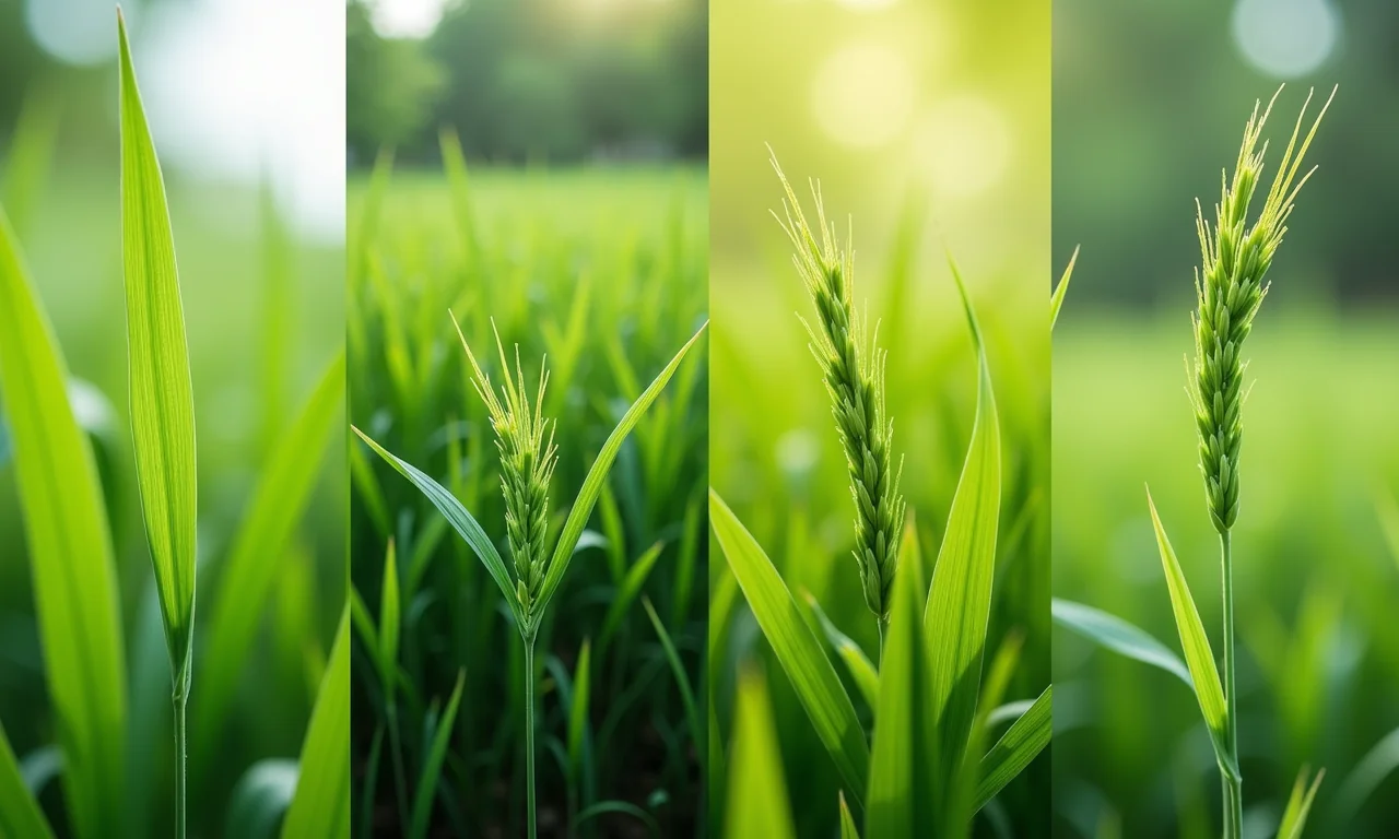Quatro plantas diferentes, uma prosperando com água de arroz, as outras não.