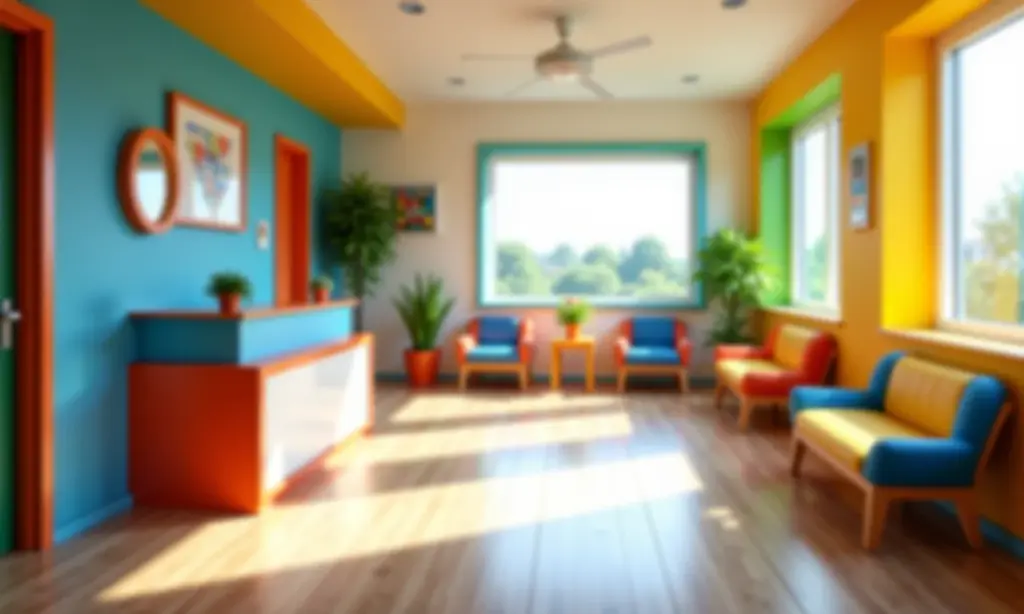 Recepção de creche moderna com foco na segurança.