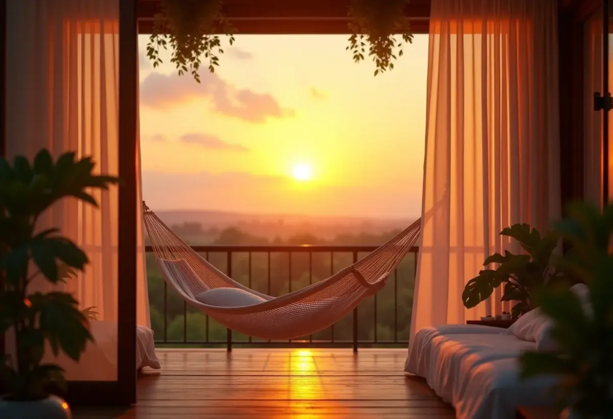 Rede na varanda: o segredo para relaxar sem sair de casa Rede instalada em varanda aconchegante ao pôr do sol