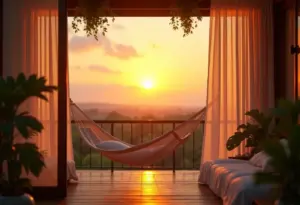 Rede instalada em varanda aconchegante ao pôr do sol