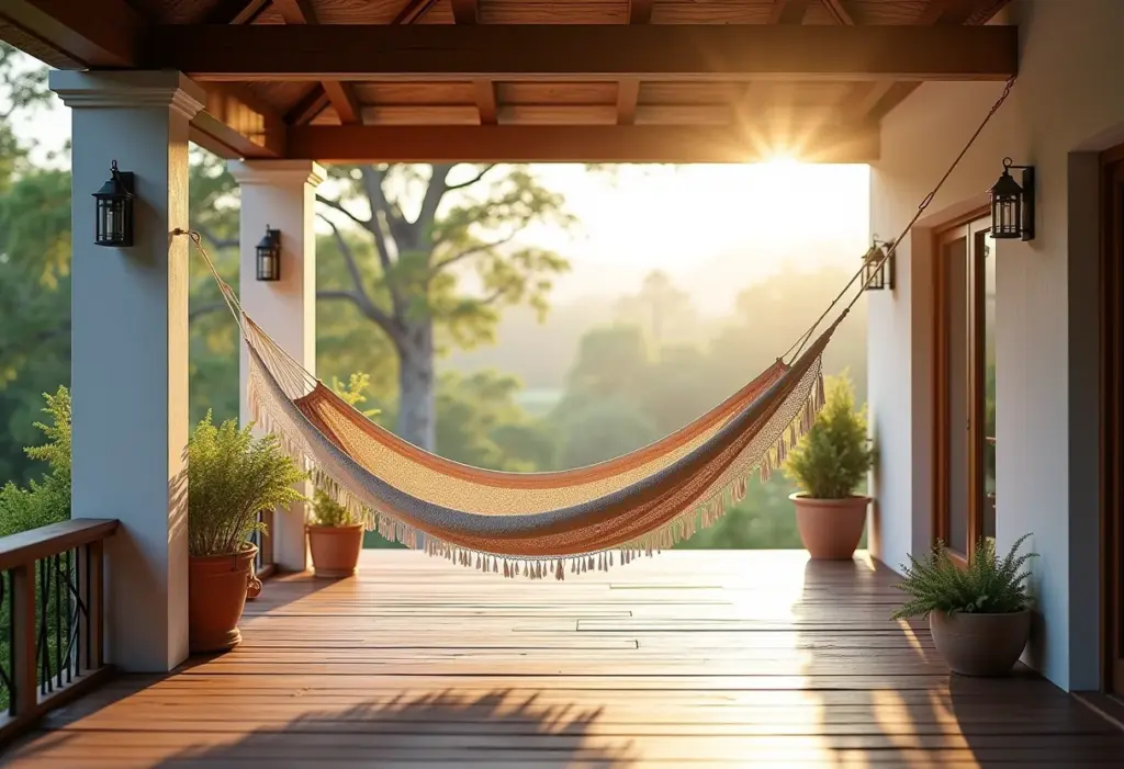 Rede na varanda: 5 erros que você precisa evitar JÁ! Rede instalada em varanda aconchegante com iluminação suave.