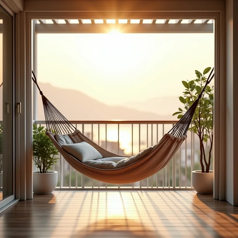 Rede vazia convidando ao relaxamento em varanda tranquila