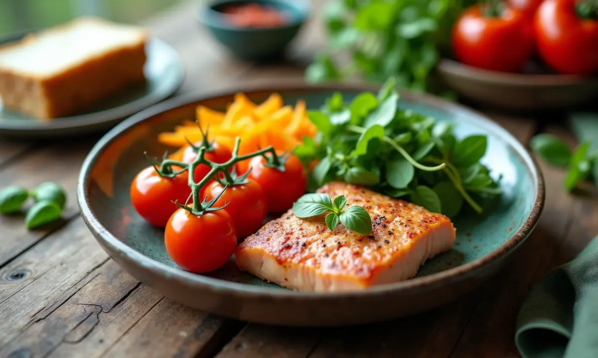 Refeição low carb colorida e apetitosa, com foco em ingredientes frescos e saudáveis.