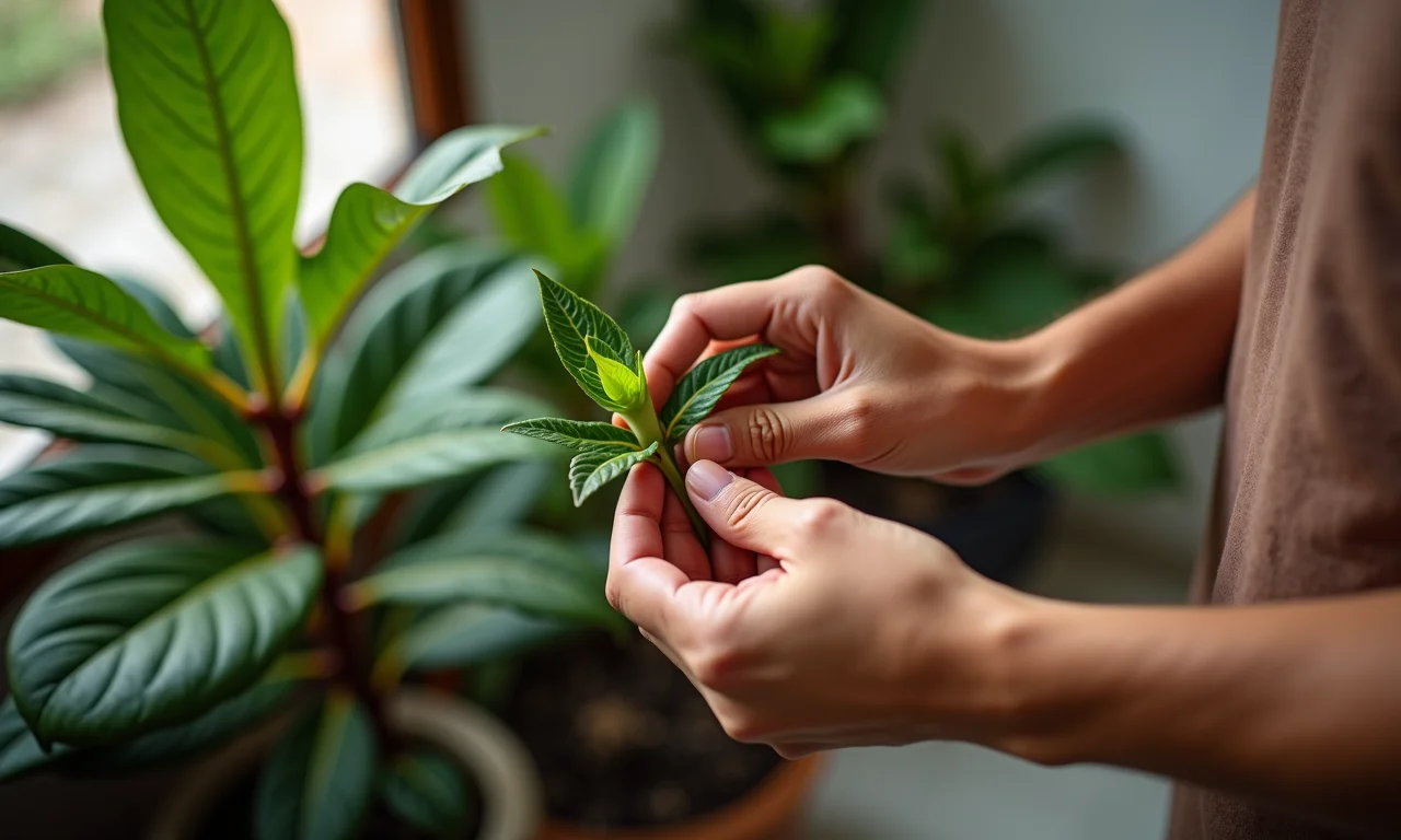 Remoção de folhas secas de planta florida, demonstrando a poda de limpeza.