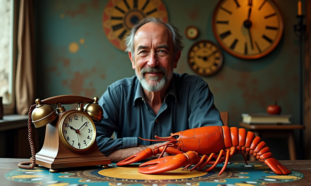 Retrato de artista brasileiro inspirado em Salvador Dalí com relógios derretidos.