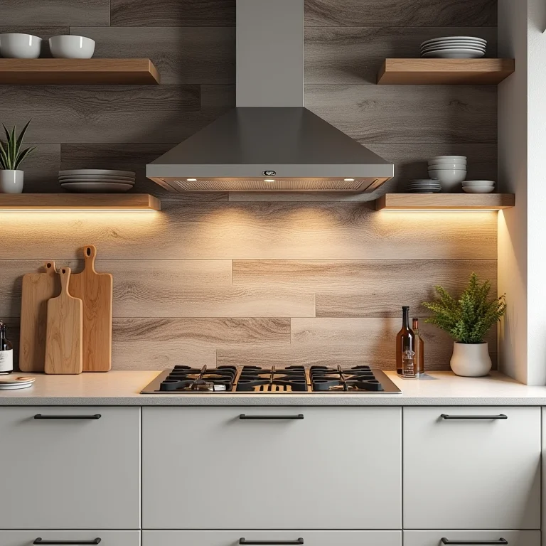 Revestimento cerâmico que imita madeira em uma cozinha rústica