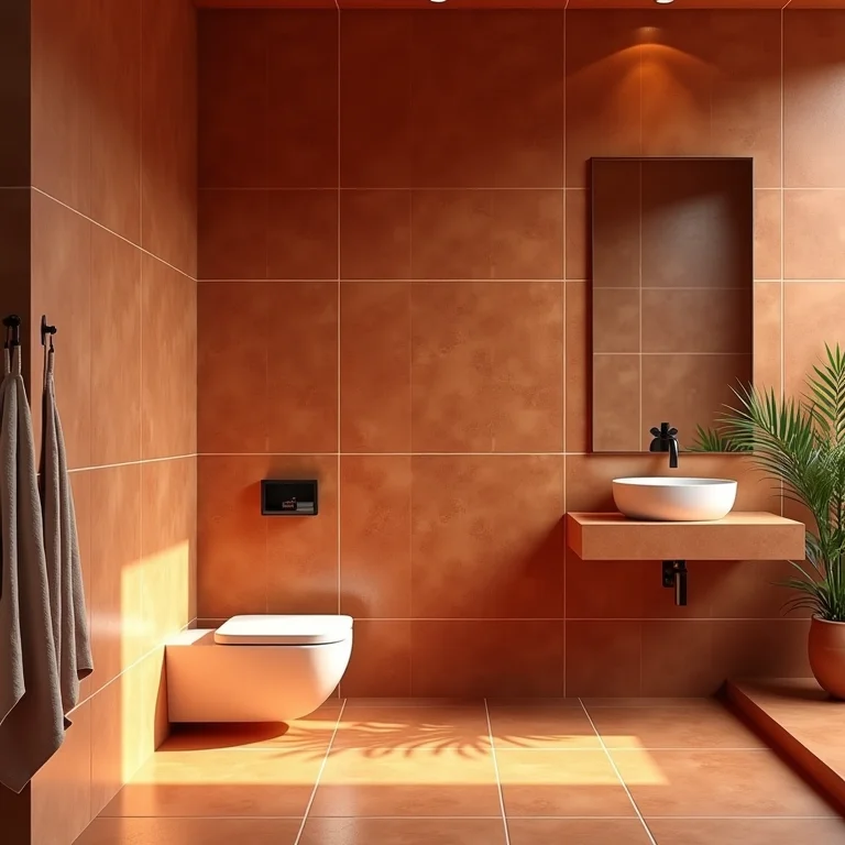 Revestimento cerâmico terracota em um banheiro elegante.