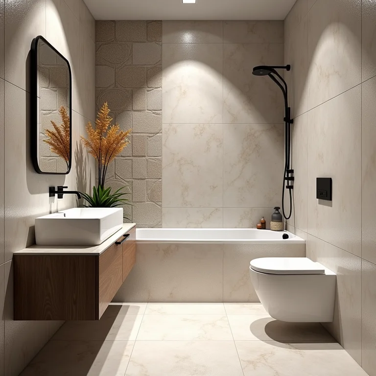 Revestimentos diferenciados em um banheiro pequeno.