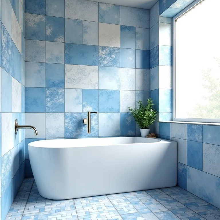 Revestimentos inadequados em um banheiro azul e branco