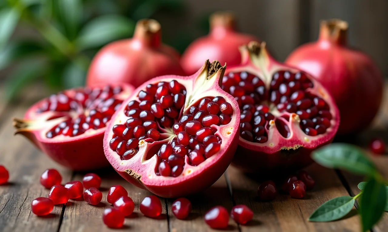 Romã cortada exibindo sementes suculentas, foco na saúde.