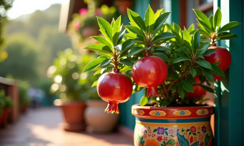 Romãzeira vibrante em vaso de cerâmica, simbolizando sorte e saúde.