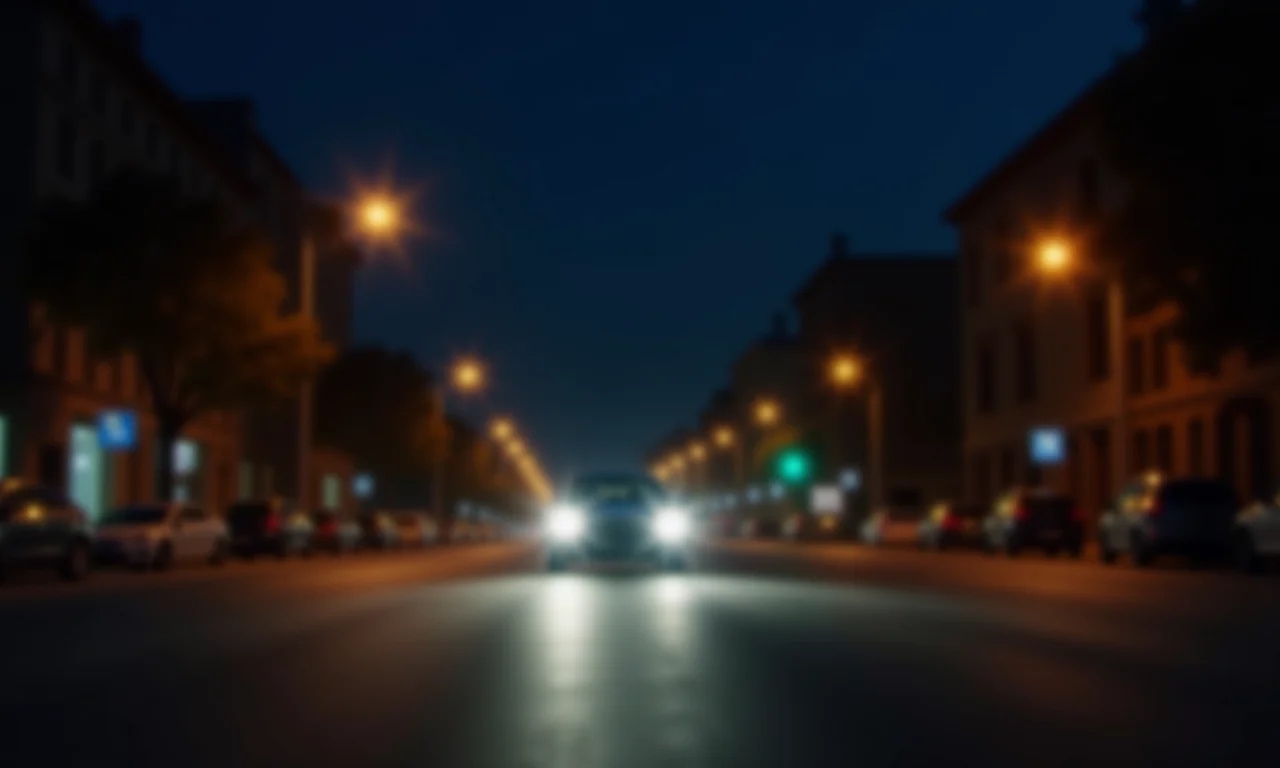 Rua da cidade à noite com iluminação pública e carro com faróis baixos.