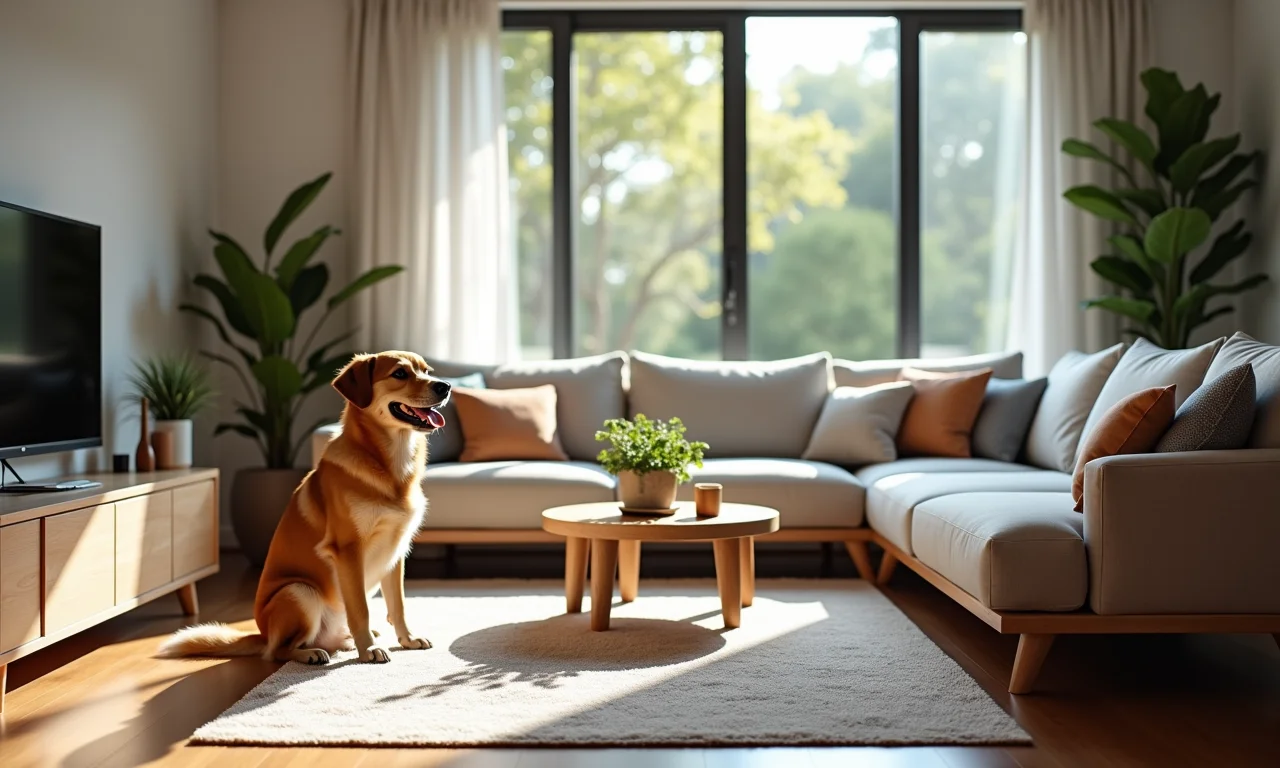 Sala com móveis resistentes e fáceis de limpar com cão ao lado.