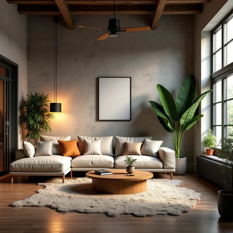 Sala de estar aconchegante com elementos do estilo industrial e toques de conforto.