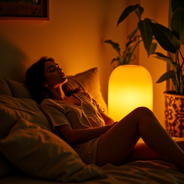 Sala de estar aconchegante com iluminação amarela e mulher relaxando com cromoterapia.