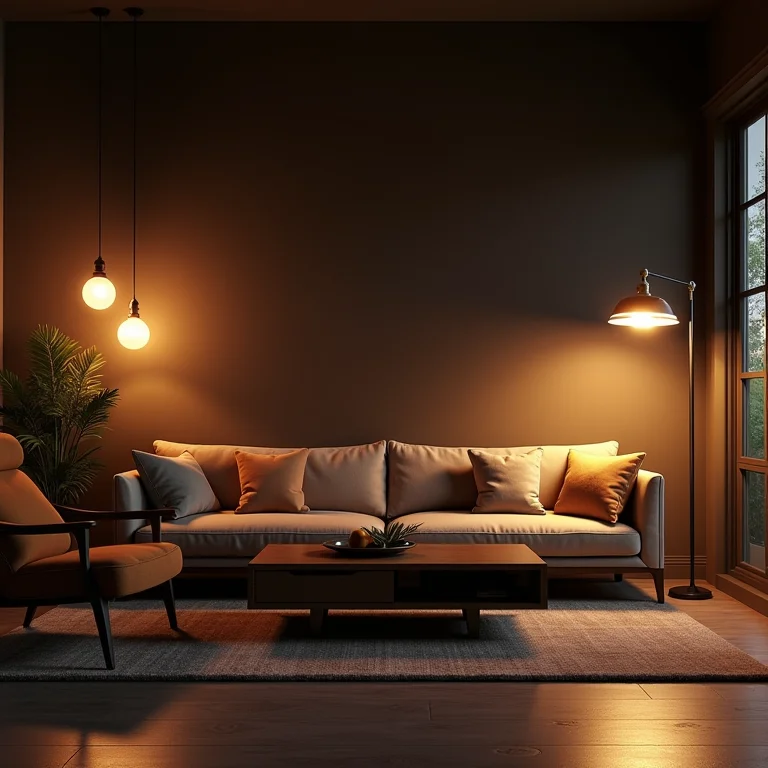 Sala de estar aconchegante com iluminação quente em estilo industrial.