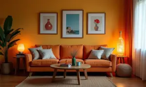 Sala de estar aconchegante com projetos DIY: vaso decorado, quadro personalizado e luminária criativa.