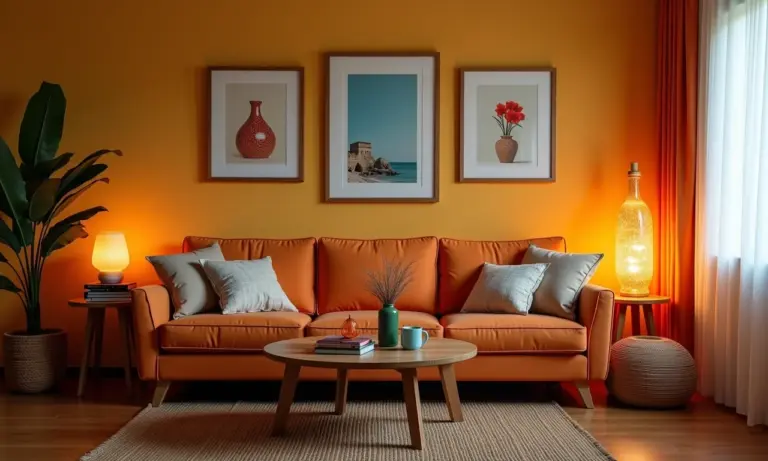 Sala de estar aconchegante com projetos DIY: vaso decorado, quadro personalizado e luminária criativa.