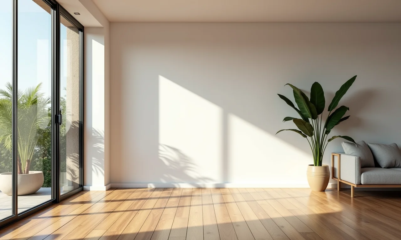 Sala de estar ampla e luminosa com grandes janelas e decoração minimalista brasileira.
