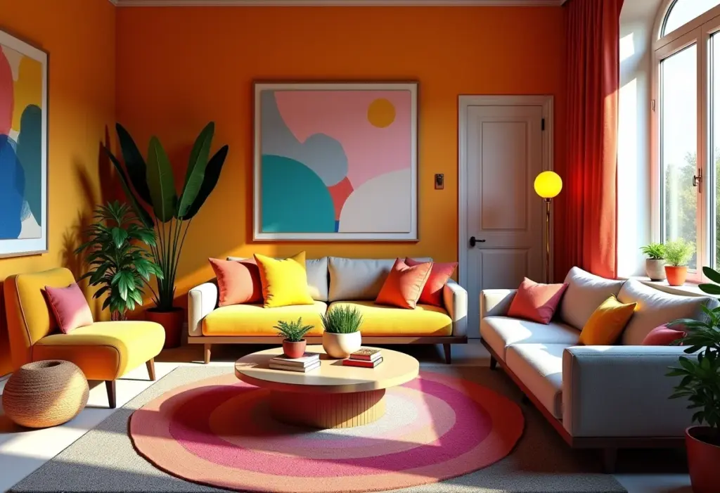 Sala de estar boho colorida com iluminação natural e decoração vibrante