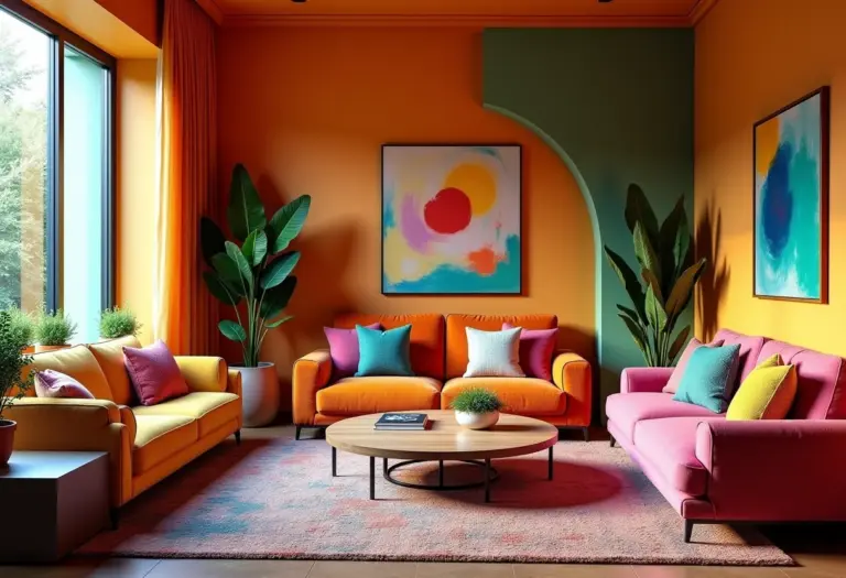 Sala de estar boho colorida com luz natural