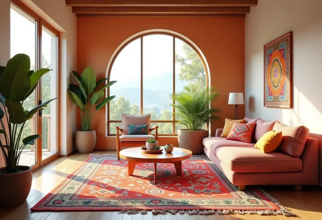 Sala de estar boho com cores vibrantes e iluminação natural